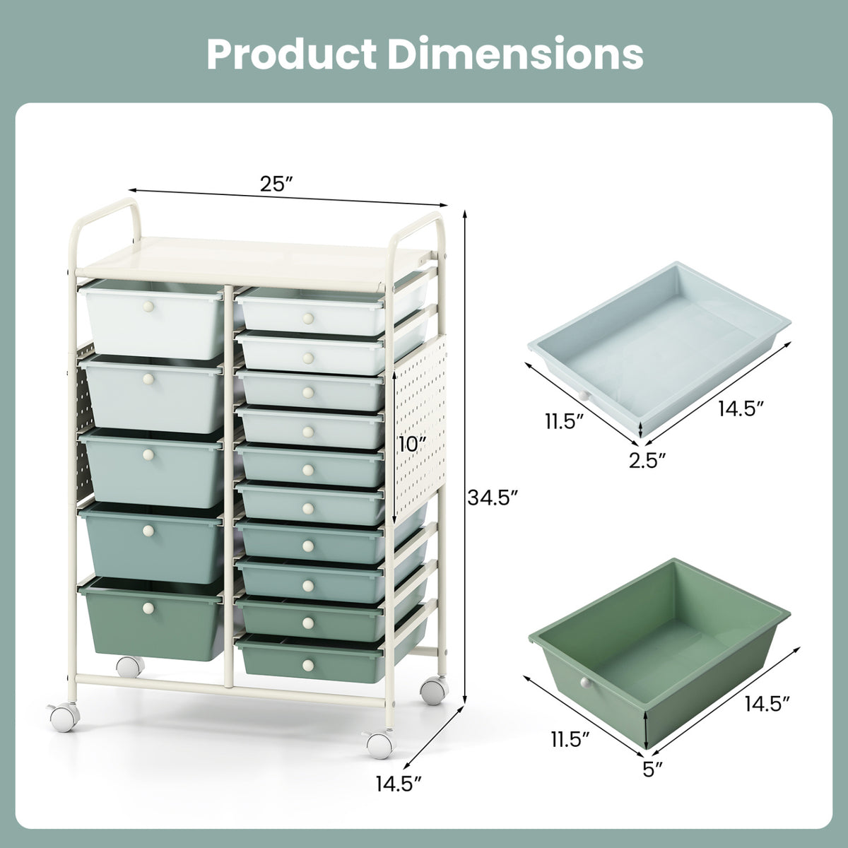 15-Drawer Rolling Storage Cart with Metal Tabletop and Pegboard