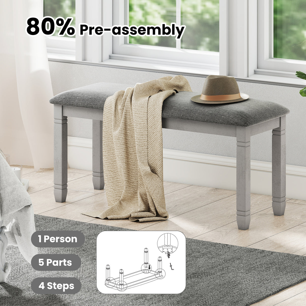Upholstered Bedroom Bench with Padded Seat and Solid Wood Legs-Gray