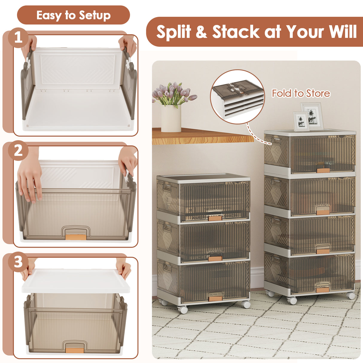3/4/5/6-Cube Stackable Storage Bins with Detachable Wheels