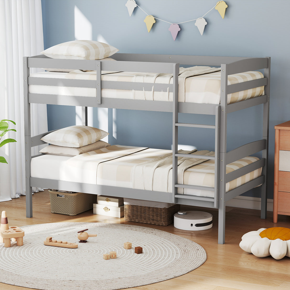Solid Wood Twin Over Twin Bunk Bed Frame with High Guardrails and Integrated Ladder