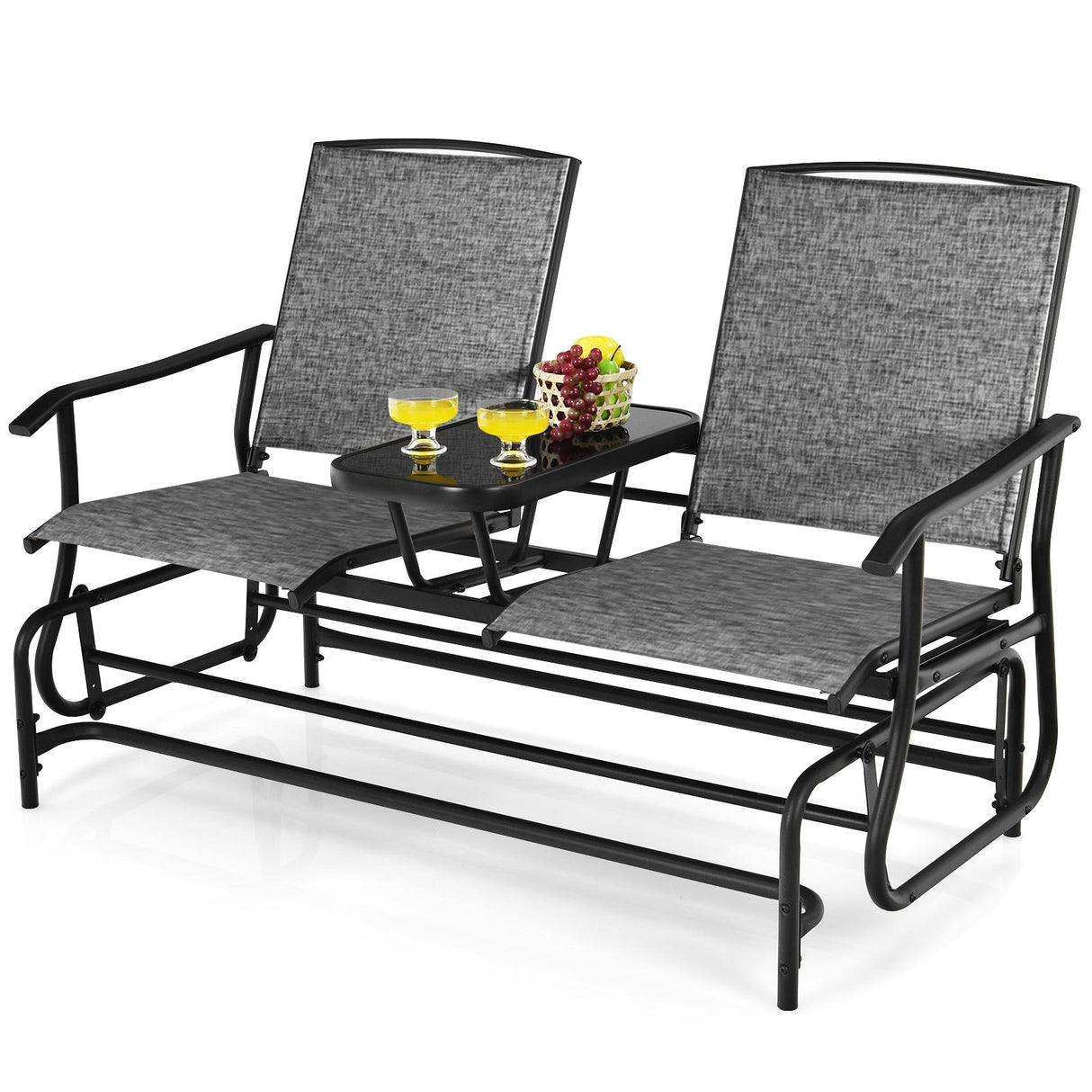 2-Person Rocking Loveseat with Mesh Fabric and Tempered Glass Table
