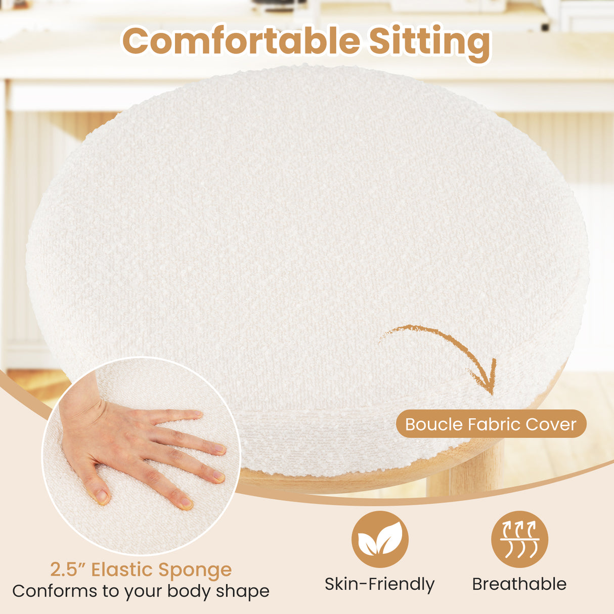 27" Bar Stools Set of 2 Upholstered Barstools with Boucle Fabric Seats-White
