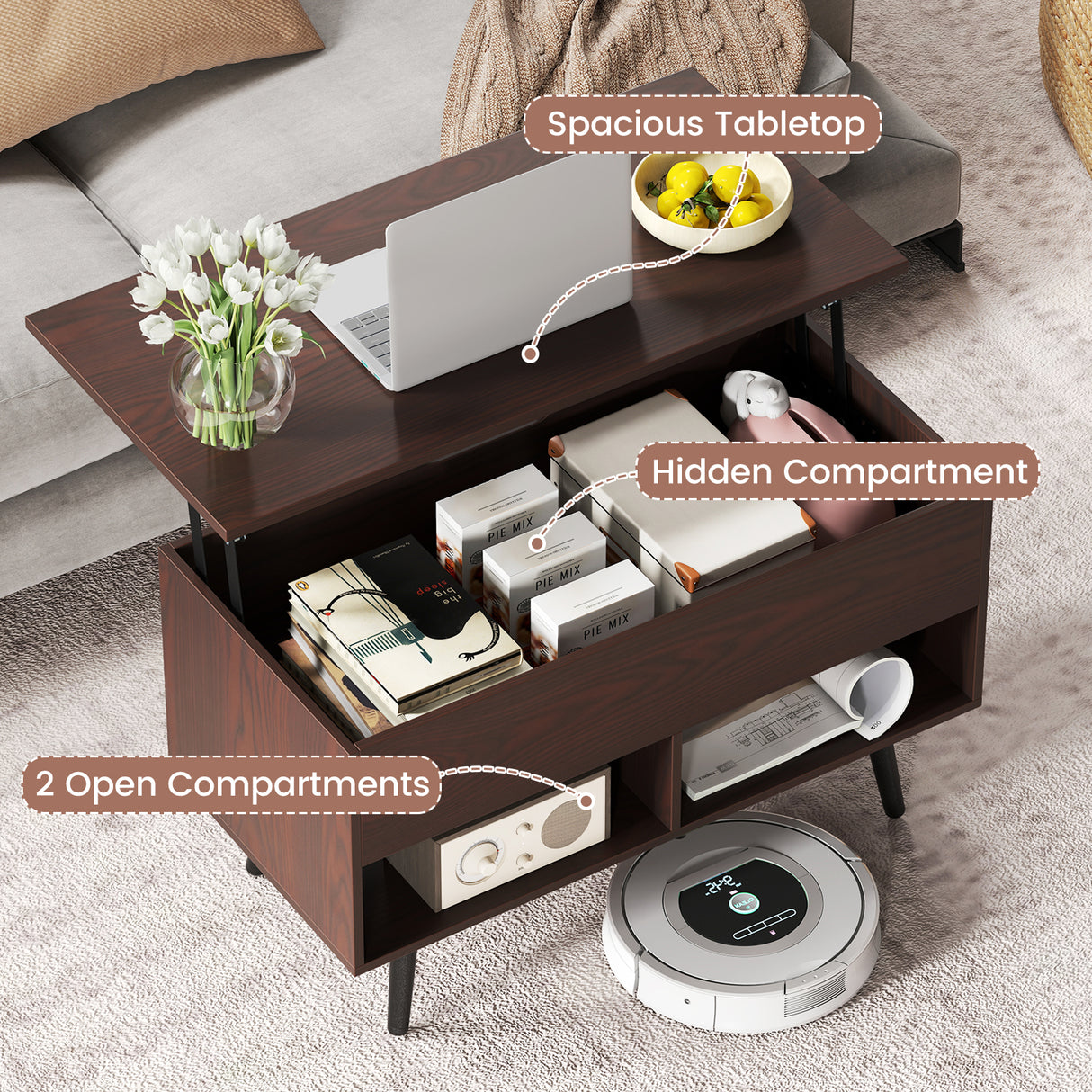 31.5 Inch Lift Top Coffee Table with Hidden Compartment and 2 Storage Shelves