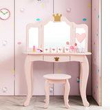 Kids Makeup Dressing Table with Tri-folding Mirror and Stool
