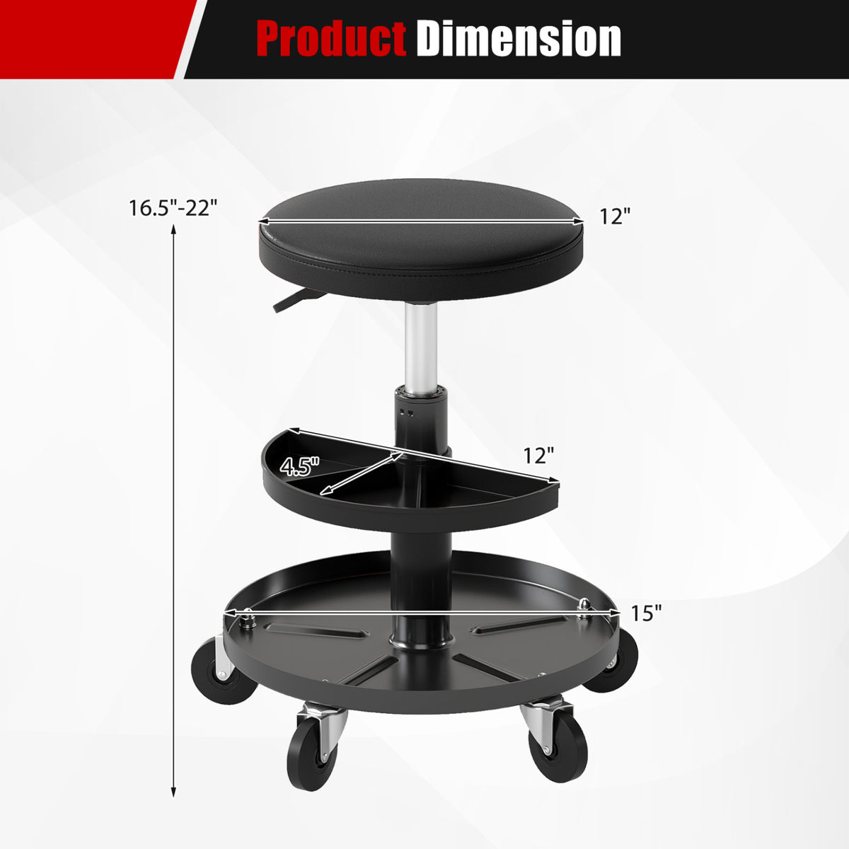 16.5"-22" Adjustable Height Seat Rolling Mechanic Stool with Wheels