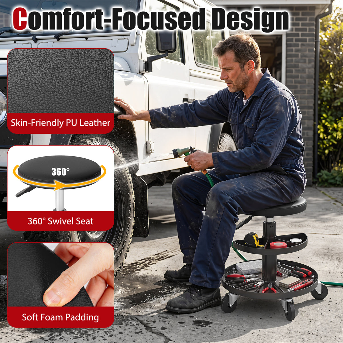 16.5"-22" Adjustable Height Seat Rolling Mechanic Stool with Wheels