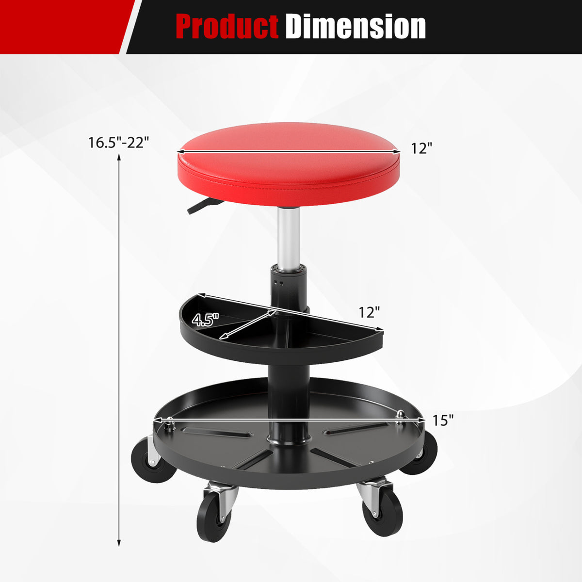 16.5"-22" Adjustable Height Seat Rolling Mechanic Stool with Wheels
