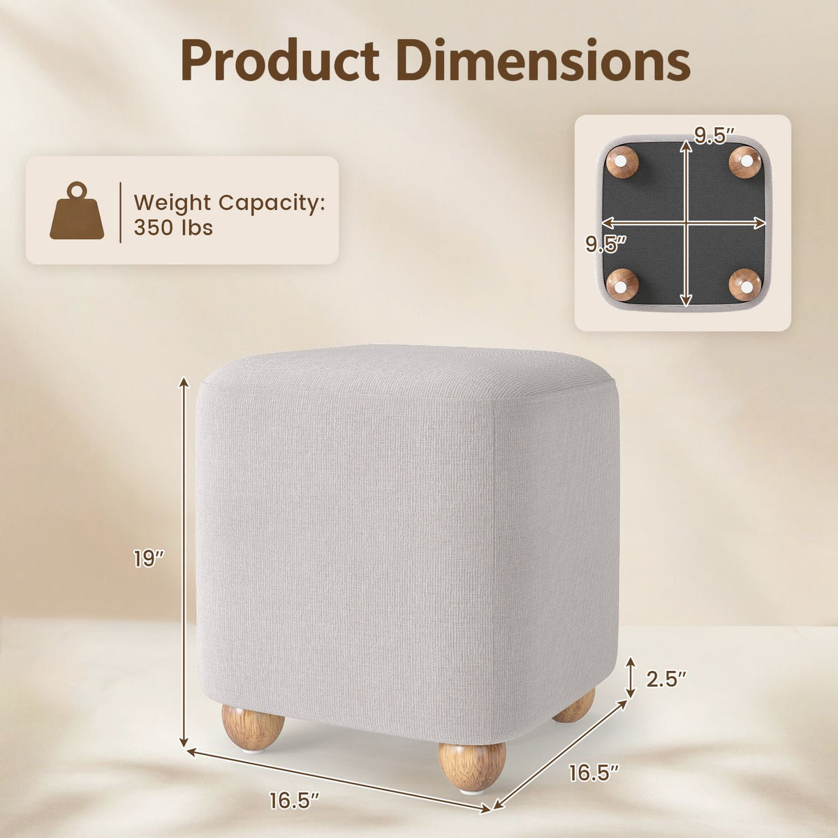 16.5 Inches Square Storage Ottoman with Solid Rubber Wood Legs-Gray