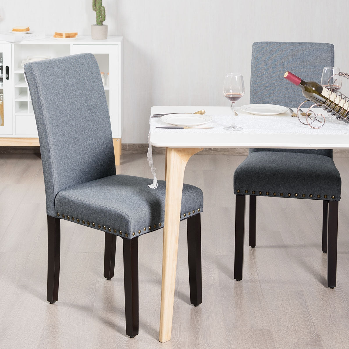 Set of 2 Fabric Upholstered Dining Chairs with Nailhead-Light Gray
