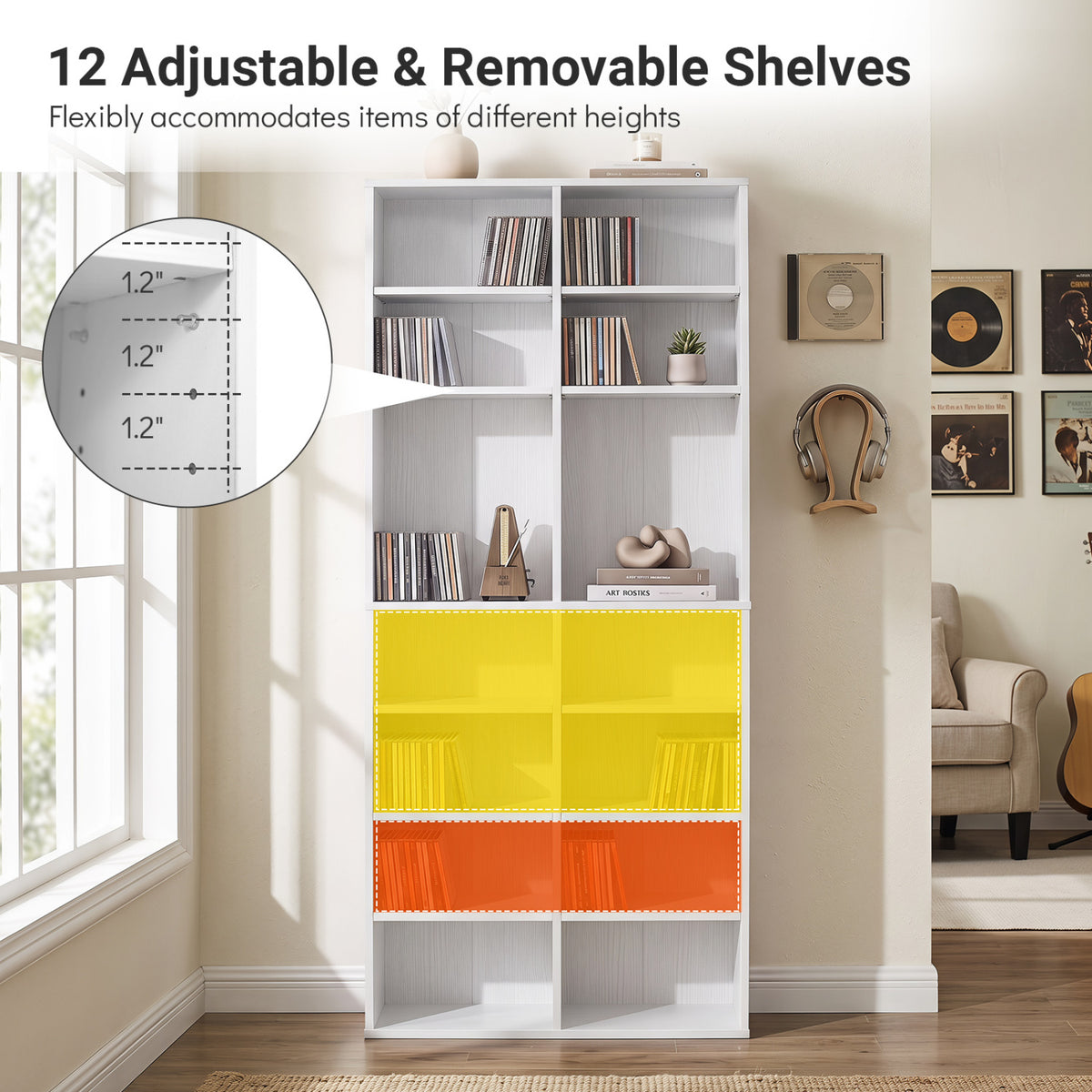 16 Compartment CD Storage Unit 54" Freestanding Open Display Shelf with 12 Removable Shelves