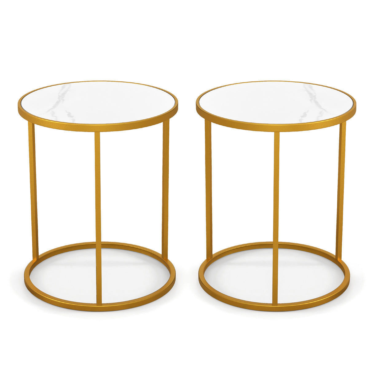 16 Inch Marble Top Round Side Table with Golden Metal Frame for Living Room Bedroom-Set of 2