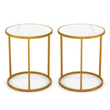 16 Inch Marble Top Round Side Table with Golden Metal Frame for Living Room Bedroom-Set of 2