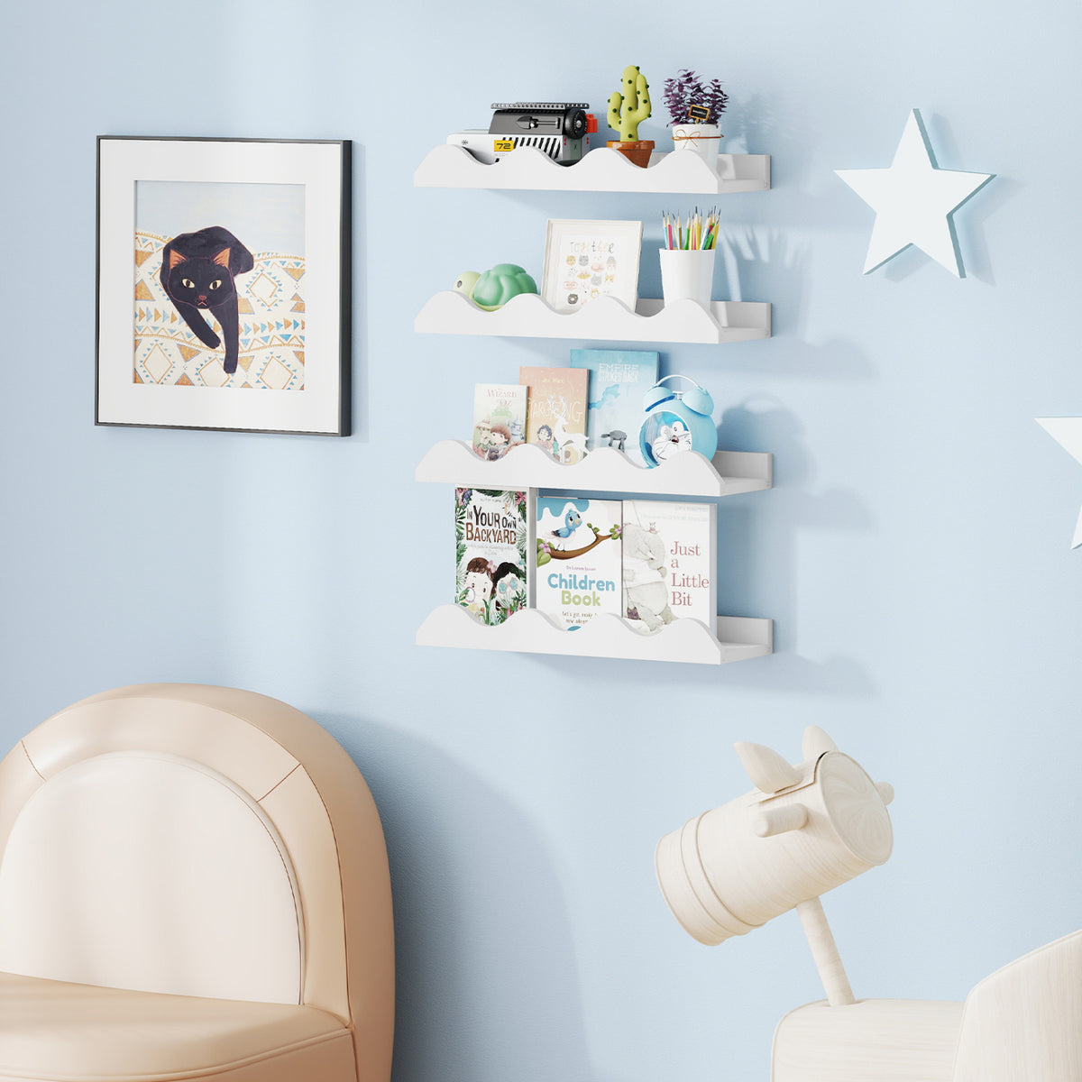Kids Bookshelf Set of 4 Floating Nursery Book Shelves for Decoration Book Toy Storage