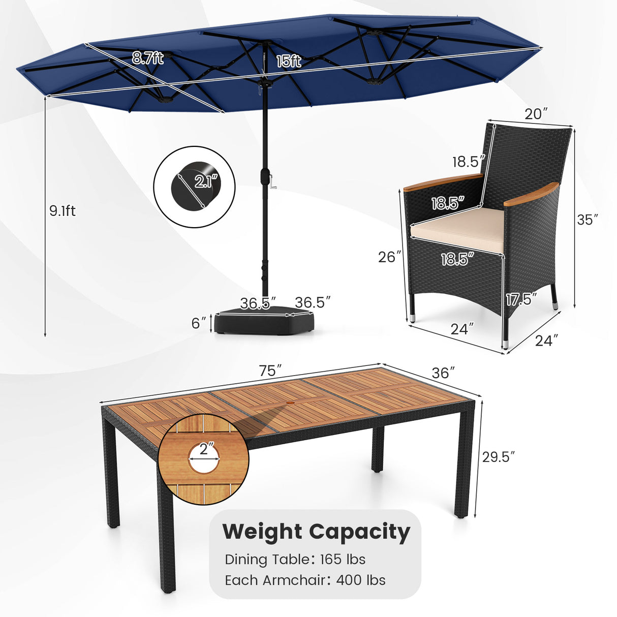 10 Piece Outdoor Dining Set with 15 Feet Double-Sided Twin Umbrella