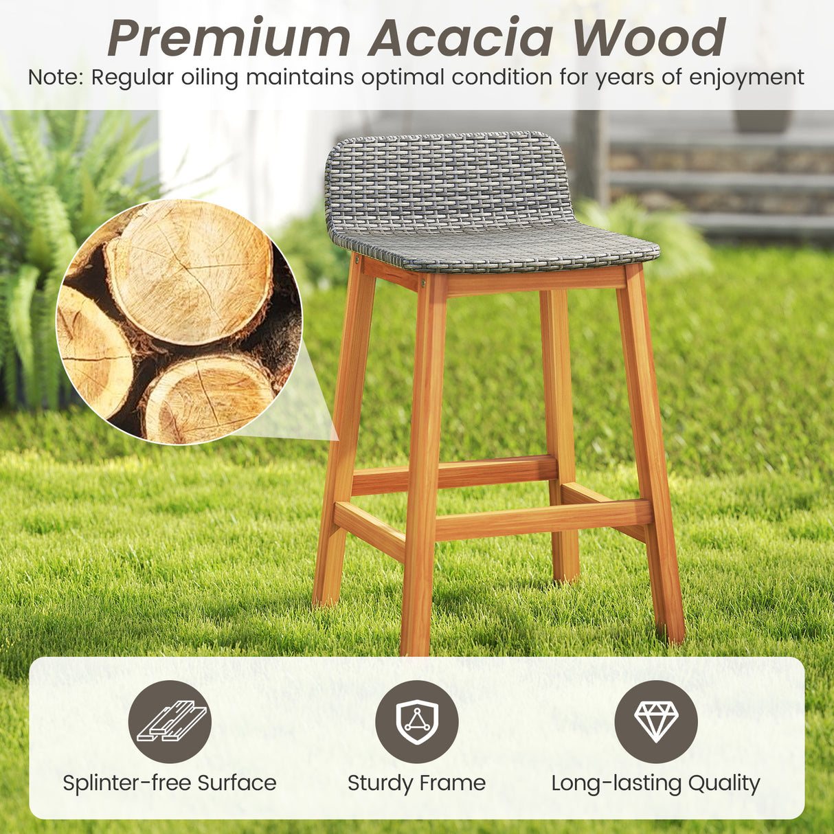Solid Acacia Wood Bar Stools Set of 2 with Backrests and Footrests for Porch
