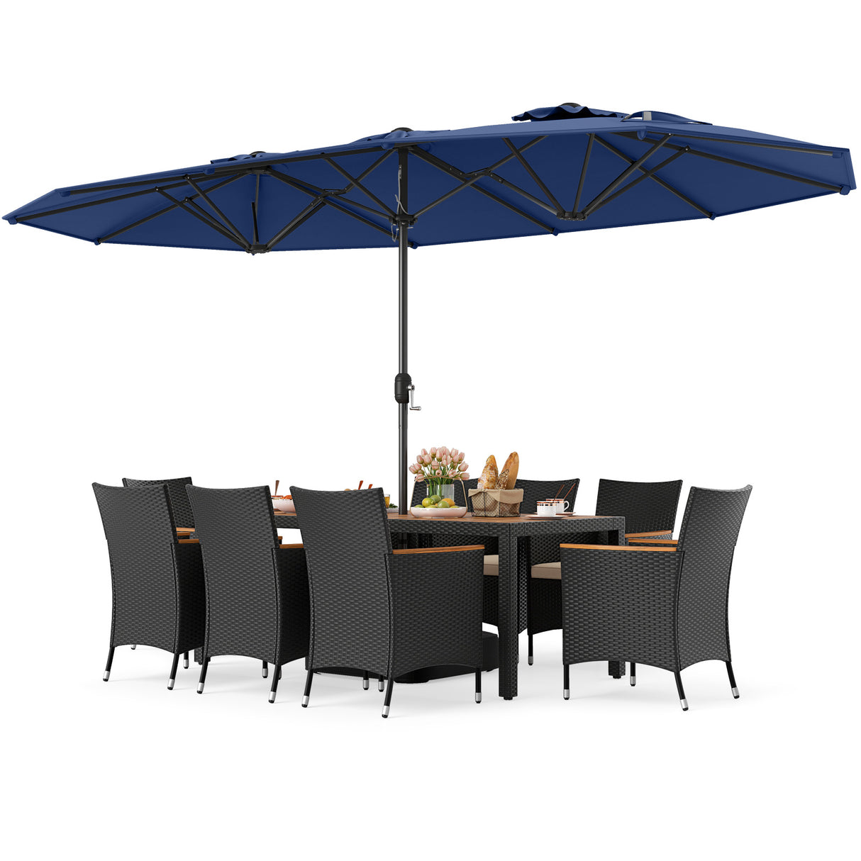 10 Piece Outdoor Dining Set with 15 Feet Double-Sided Twin Umbrella
