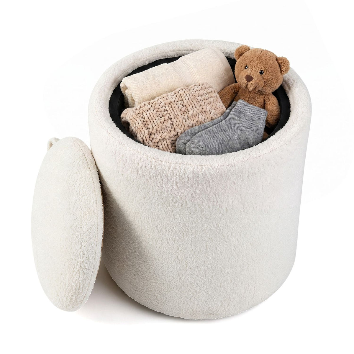 17 Inches Round Storage Ottoman with Flipping Lid-Beige