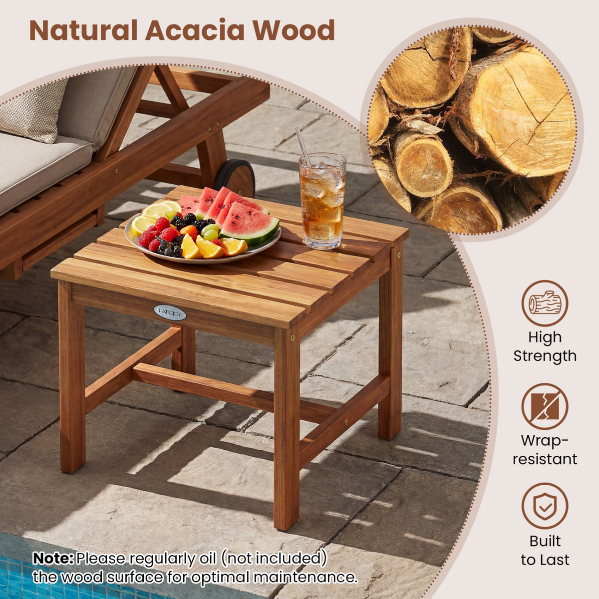 17â Square Patio Acacia Wood Side Table with Slatted Tabletop-Set of 1/2