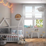 3-Piece Kid's Room Bundle: Twin Size Wooden House Bed + Kid's Table and Chairs Set + Kids 2-Shelf Bookcase