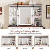 Farmhouse Vanity Desk with Barn-Style Sliding Mirror and 3 Lighting Modes-White