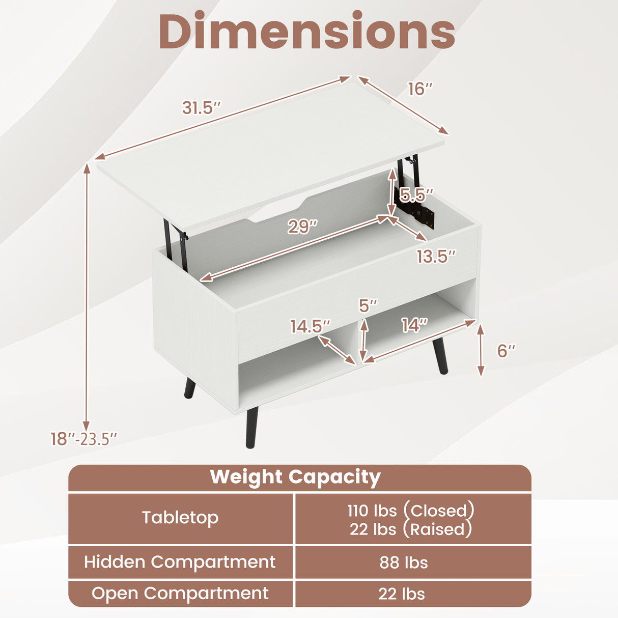 31.5 Inch Lift Top Coffee Table with Hidden Compartment and 2 Storage Shelves