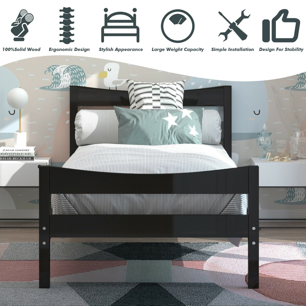 Twin Size Rustic Platform Bed Frame with Headboard and Footboard