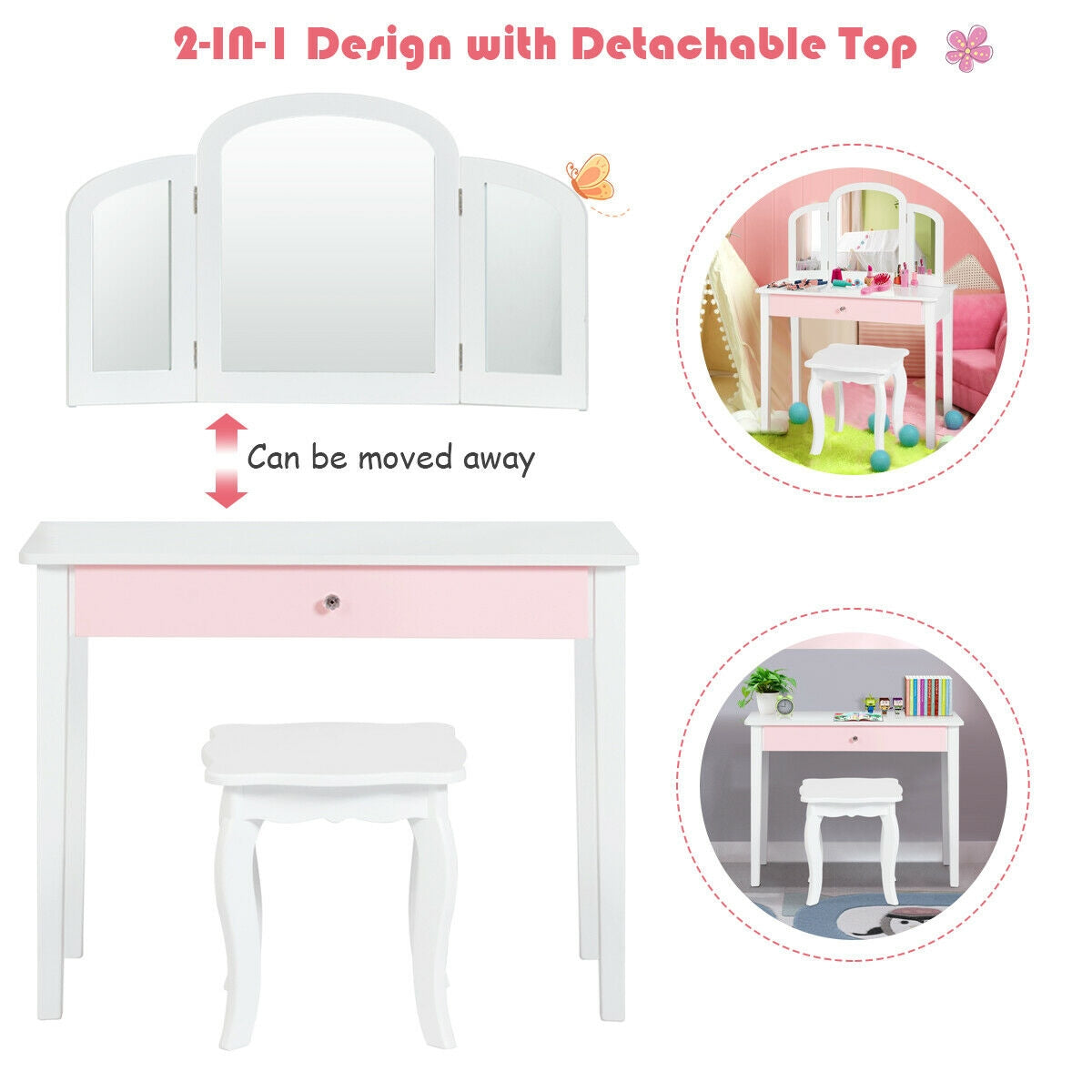 Kids Princess Make Up Dressing Table with Tri-folding Mirror and Chair