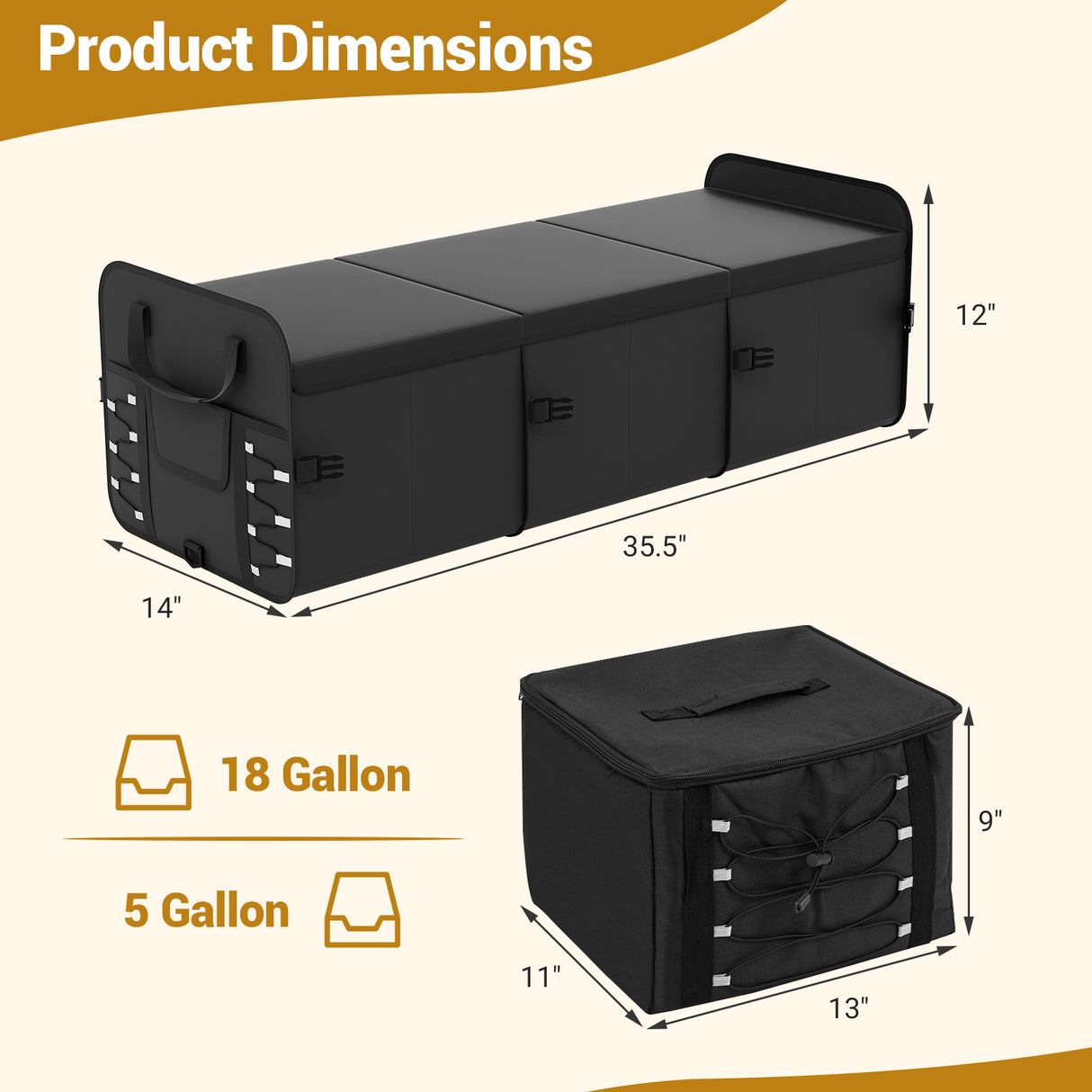 18 Gal Car Trunk Organizer with Lid 3-Compartment Portable Storage Box-Black
