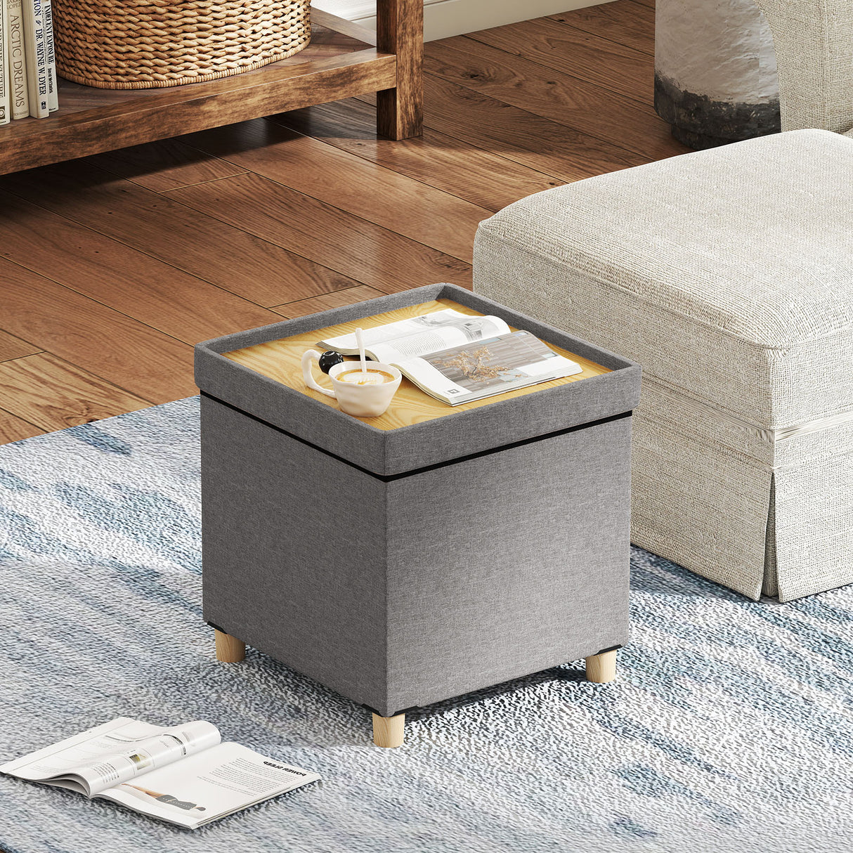 18 Inches Ottoman with Storage and Rubber Wood Legs-Gray