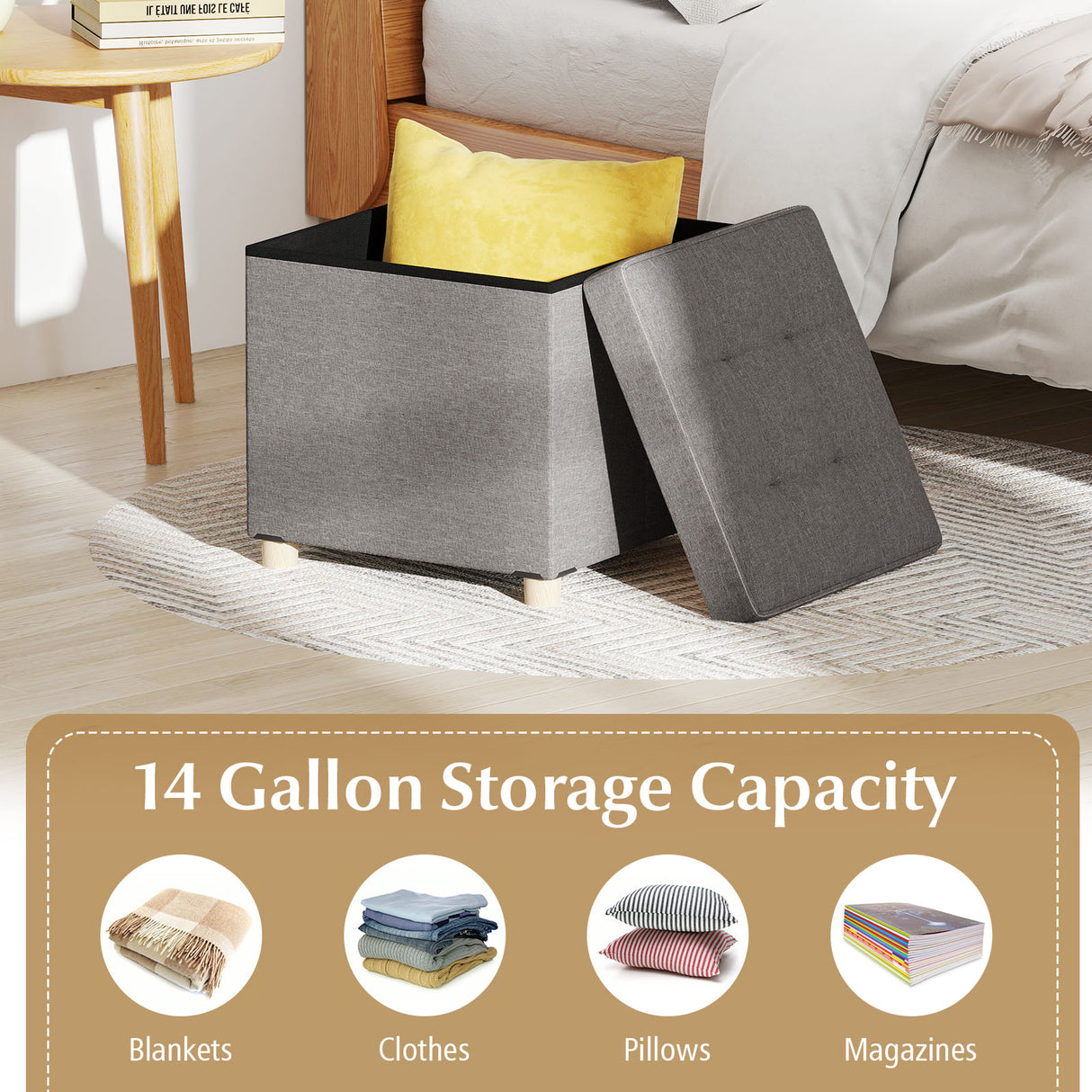 18 Inches Ottoman with Storage and Rubber Wood Legs-Gray