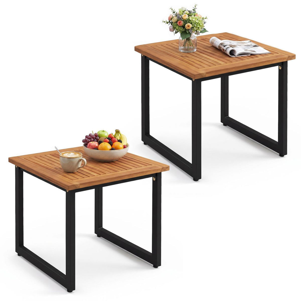 Square Acacia Wood Patio Side Table Outdoor End Table with Slatted Top-Set of 2