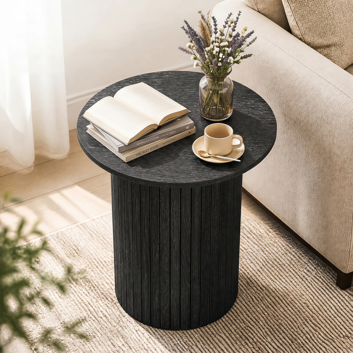 18" Round Fluted Side Table with Pedestal Drum Design and Non-Slip Foot Pads for Small Spaces