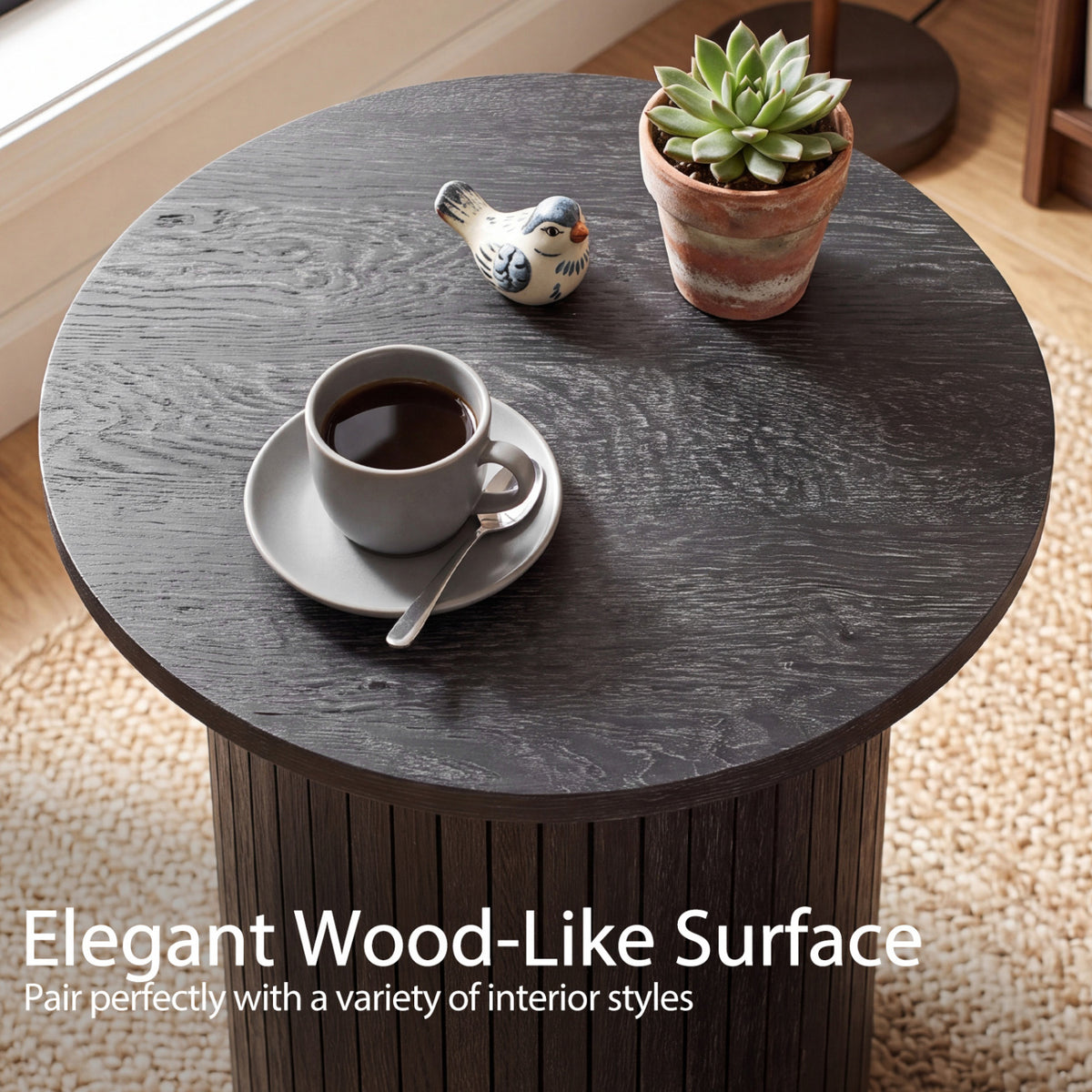 18" Round Fluted Side Table with Pedestal Drum Design and Non-Slip Foot Pads for Small Spaces