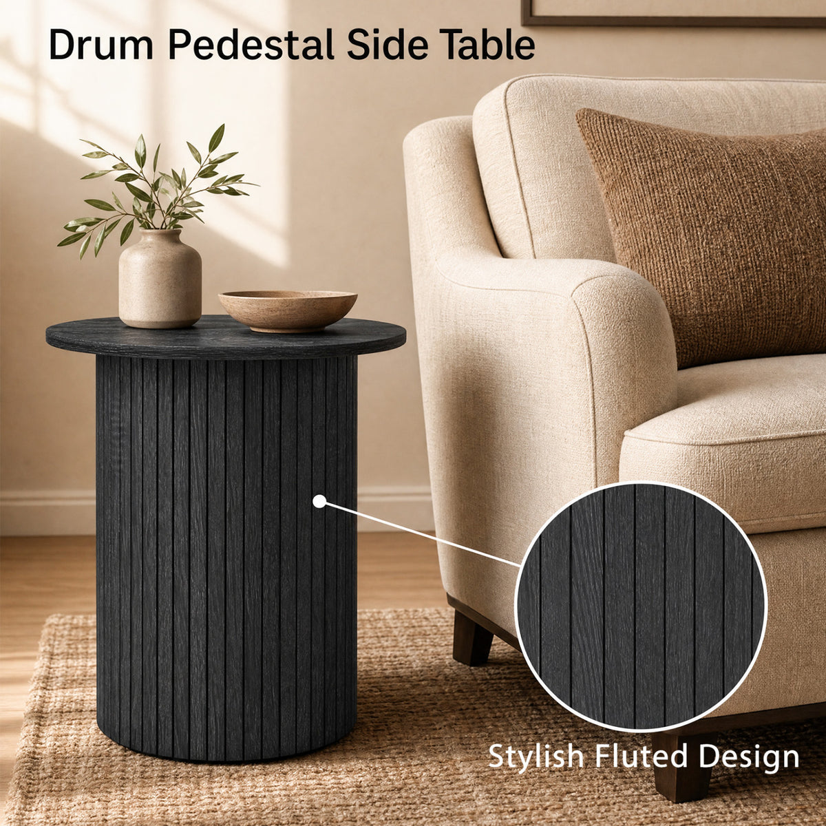 18" Round Fluted Side Table with Pedestal Drum Design and Non-Slip Foot Pads for Small Spaces