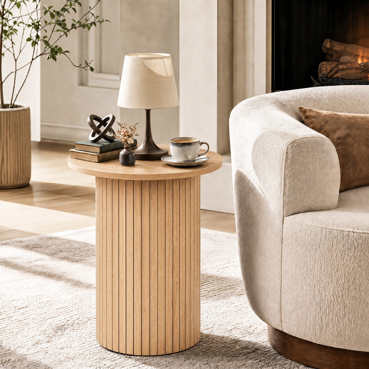 18" Round Fluted Side Table with Pedestal Drum Design and Non-Slip Foot Pads for Small Spaces