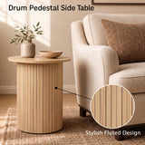18" Round Fluted Side Table with Pedestal Drum Design and Non-Slip Foot Pads for Small Spaces