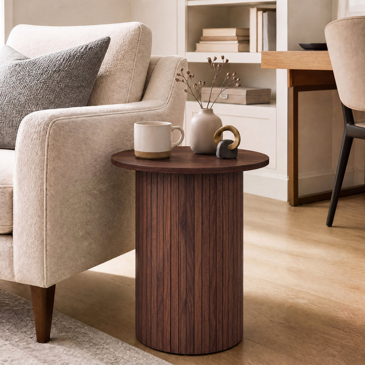 18" Round Fluted Side Table with Pedestal Drum Design and Non-Slip Foot Pads for Small Spaces