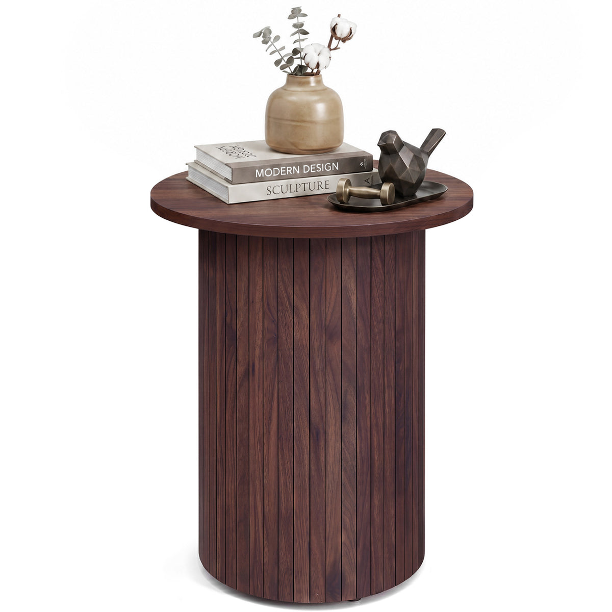 18" Round Fluted Side Table with Pedestal Drum Design and Non-Slip Foot Pads for Small Spaces