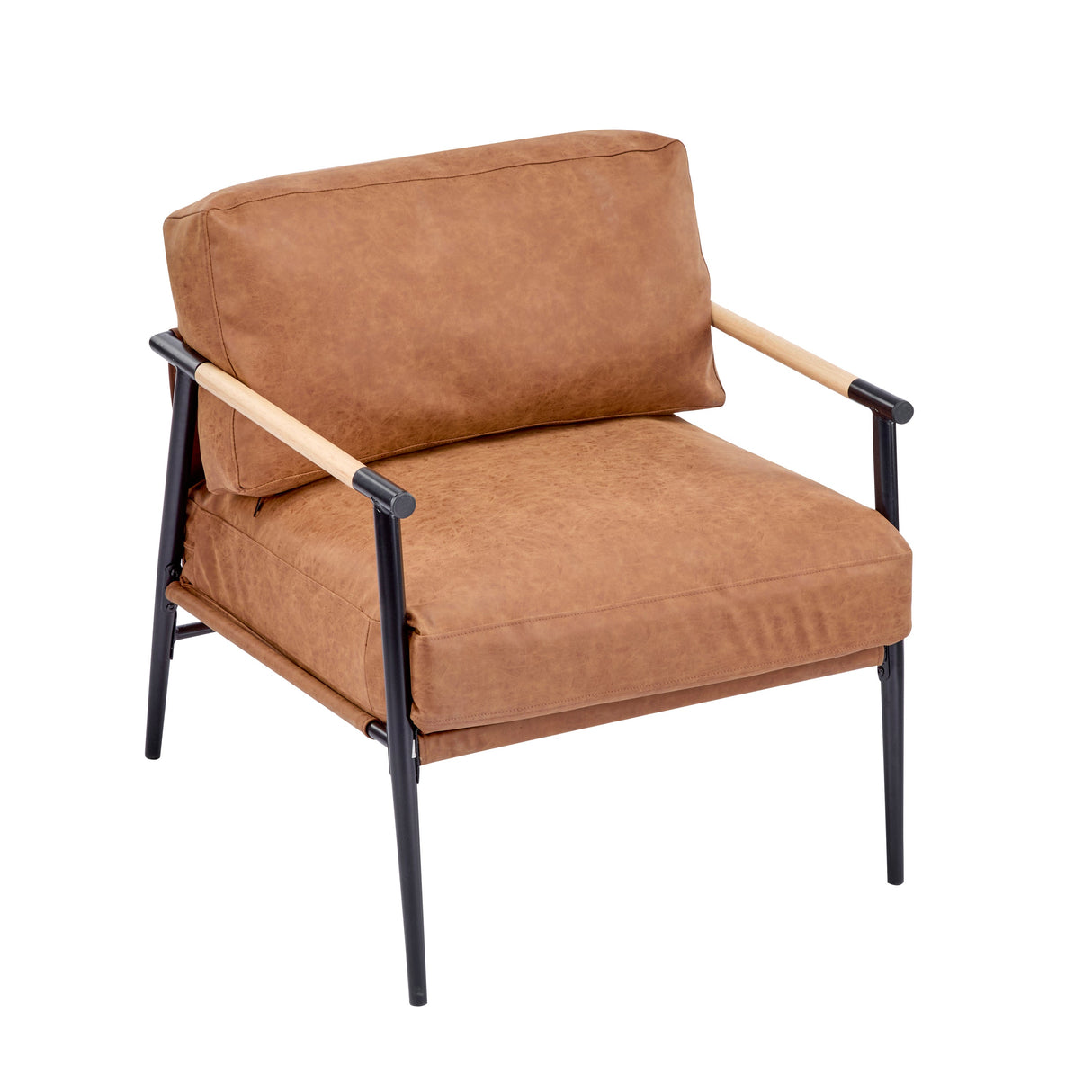 27.56' Modern Accent Chair with Plush Cushions, Minimalist Metal Frame, and Wooden Armrest Design – Perfect for Cozy Living Room, Bedroom, or Office Seating
