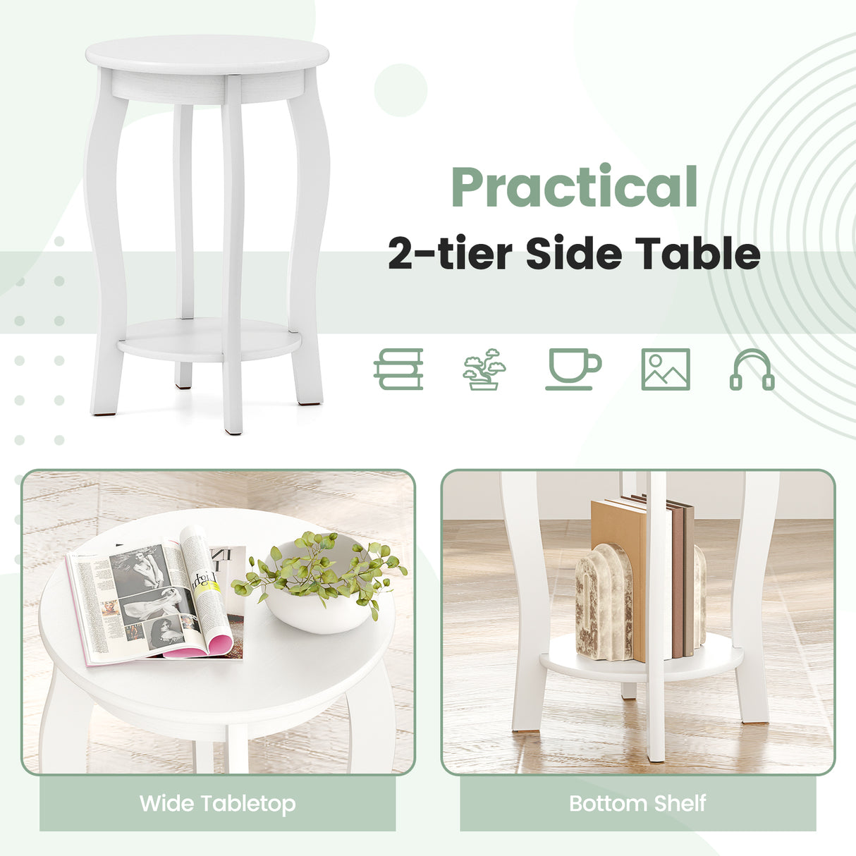 15 Inch 2-Tier Round End Table with Storage Shelf