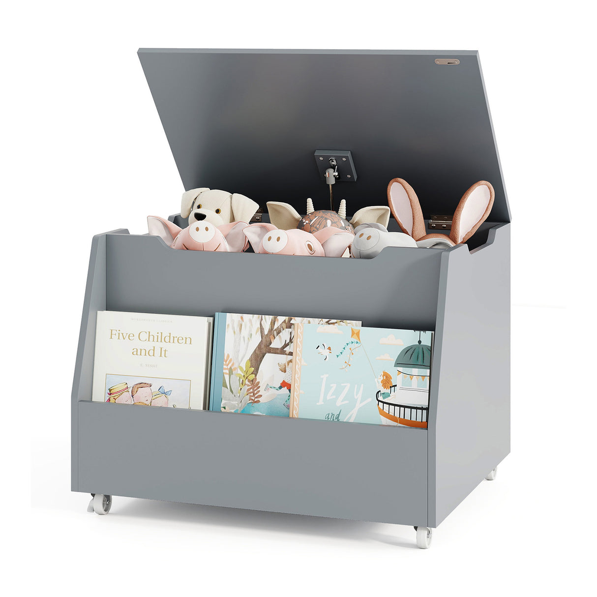 Wooden Mobile Toy Storage Organizer with Bookshelf and Lockable Wheels