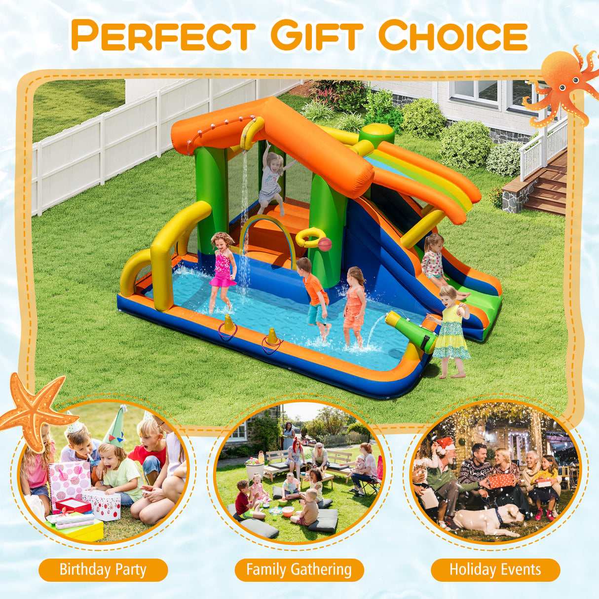 8-in-1 Jumping Castle with Slide and 480W Blower