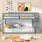 Twin Over Twin Low Bunk Bed with Storage Stairs Solid Wood Floor Bunk Bed Frame