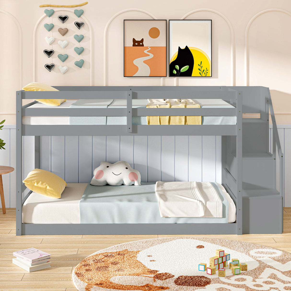 Twin Over Twin Low Bunk Bed with Storage Stairs Solid Wood Floor Bunk Bed Frame