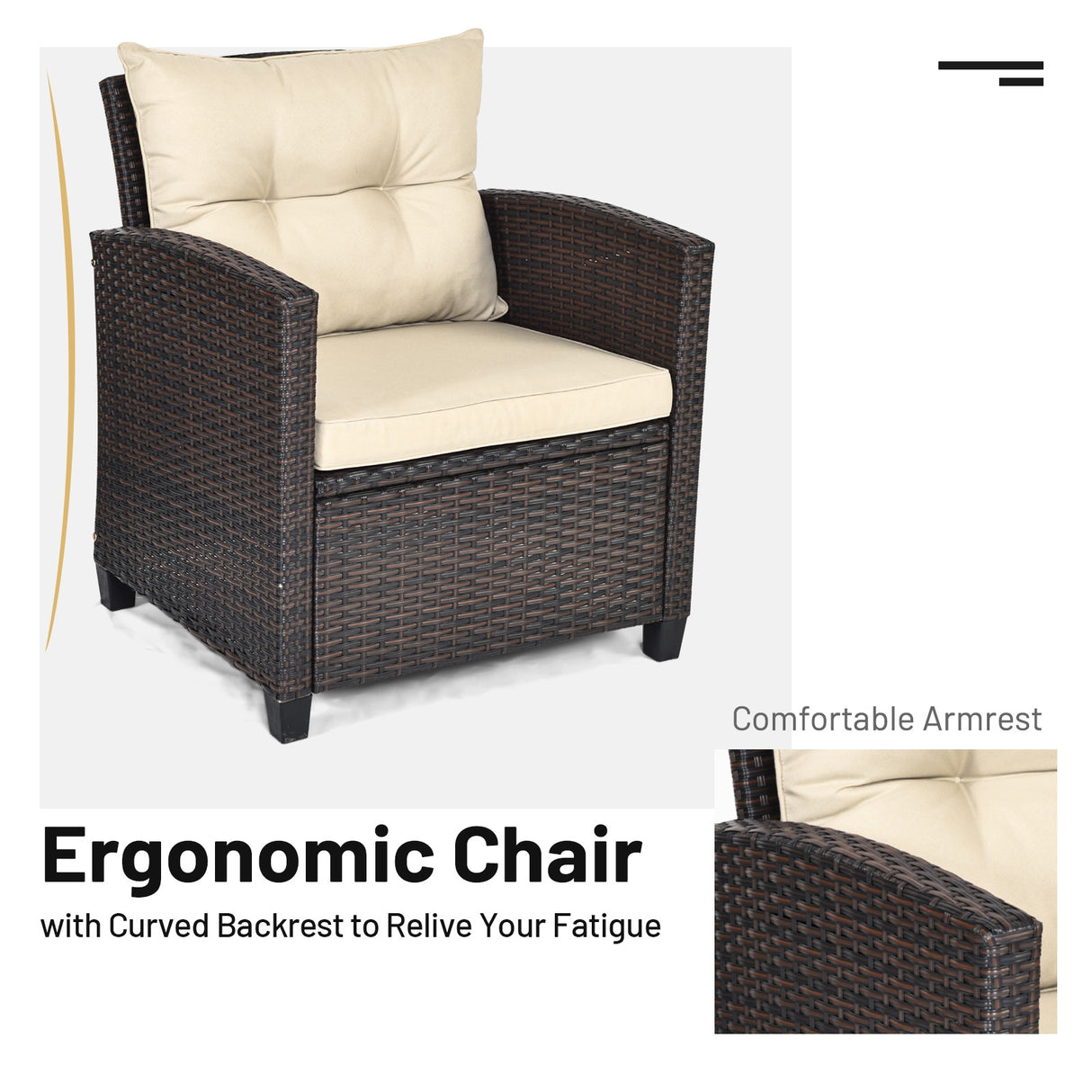 3 Pcs Patio Rattan Furniture Set Cushioned Conversation Set Coffee Table