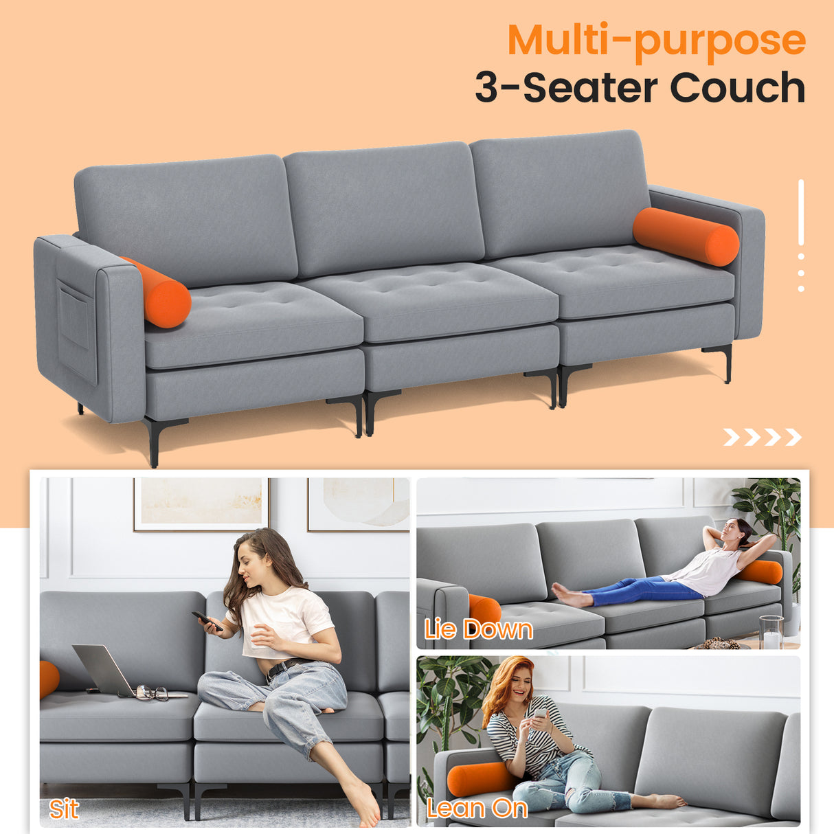 Modular 1/2/3/4-Seat L-Shaped Sectional Sofa Couch with Socket USB Port-3