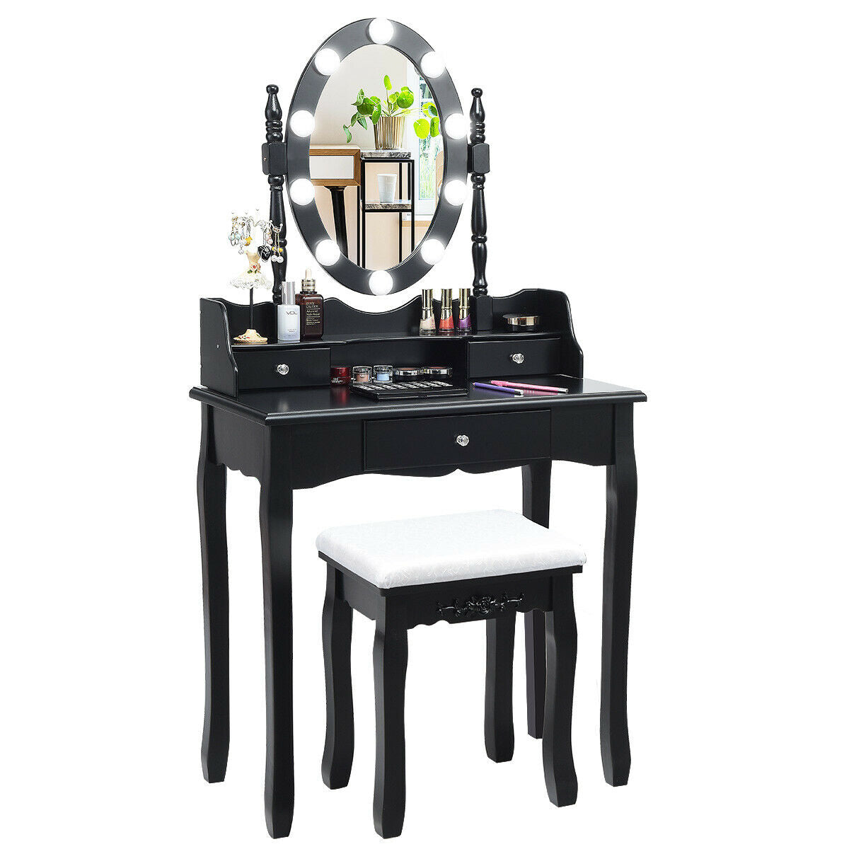 Oval Mirror Vanity Set  with 10 LED Dimmable Bulbs and 3 Drawers