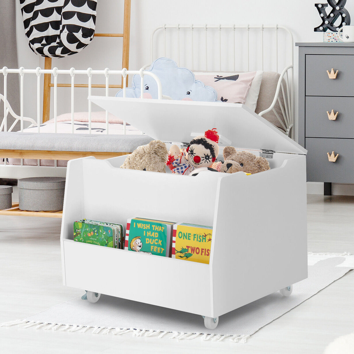 Wooden Mobile Toy Storage Organizer with Bookshelf and Lockable Wheels