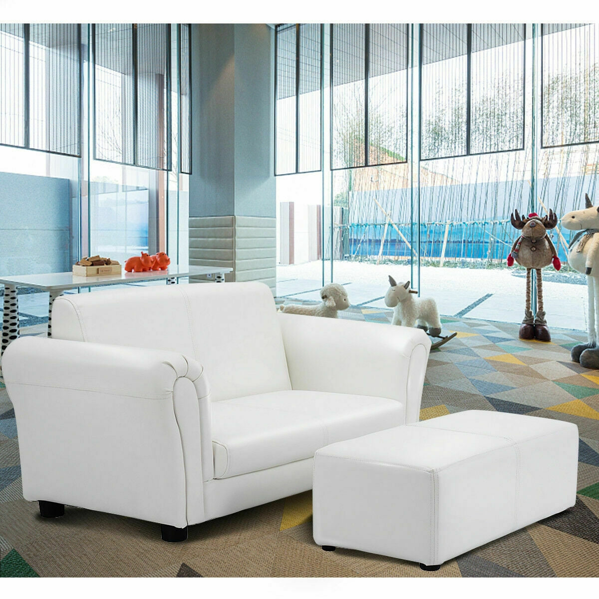 Black/White Kids Double Sofa with Ottoman