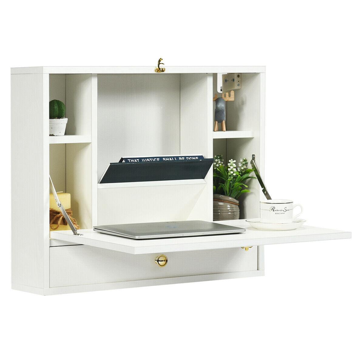 Wall Mounted Folding Laptop Desk Hideaway Organizer Storage-White